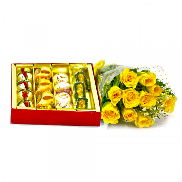 Assorted Sweets with Yellow Roses Bunch